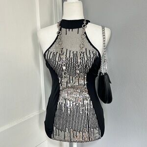 y2k vintage "lipstick" glamorous club wear black and silver sequin halter top